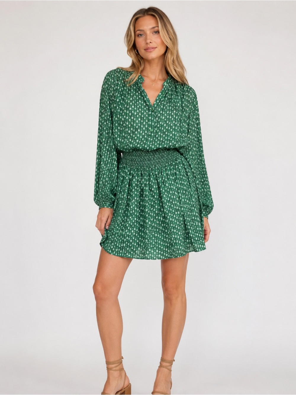 Rebecca Taylor Green Printed Smocked Waist Mini Dress Women’s Medium